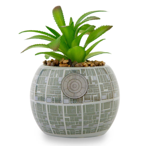 Toynk Death Star planter top view with artificial succulent delivering maintenance-free greenery