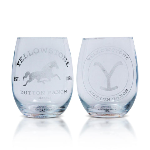 Toynk stemless glass front view showing Dutton Ranch logo and ranch style appeal