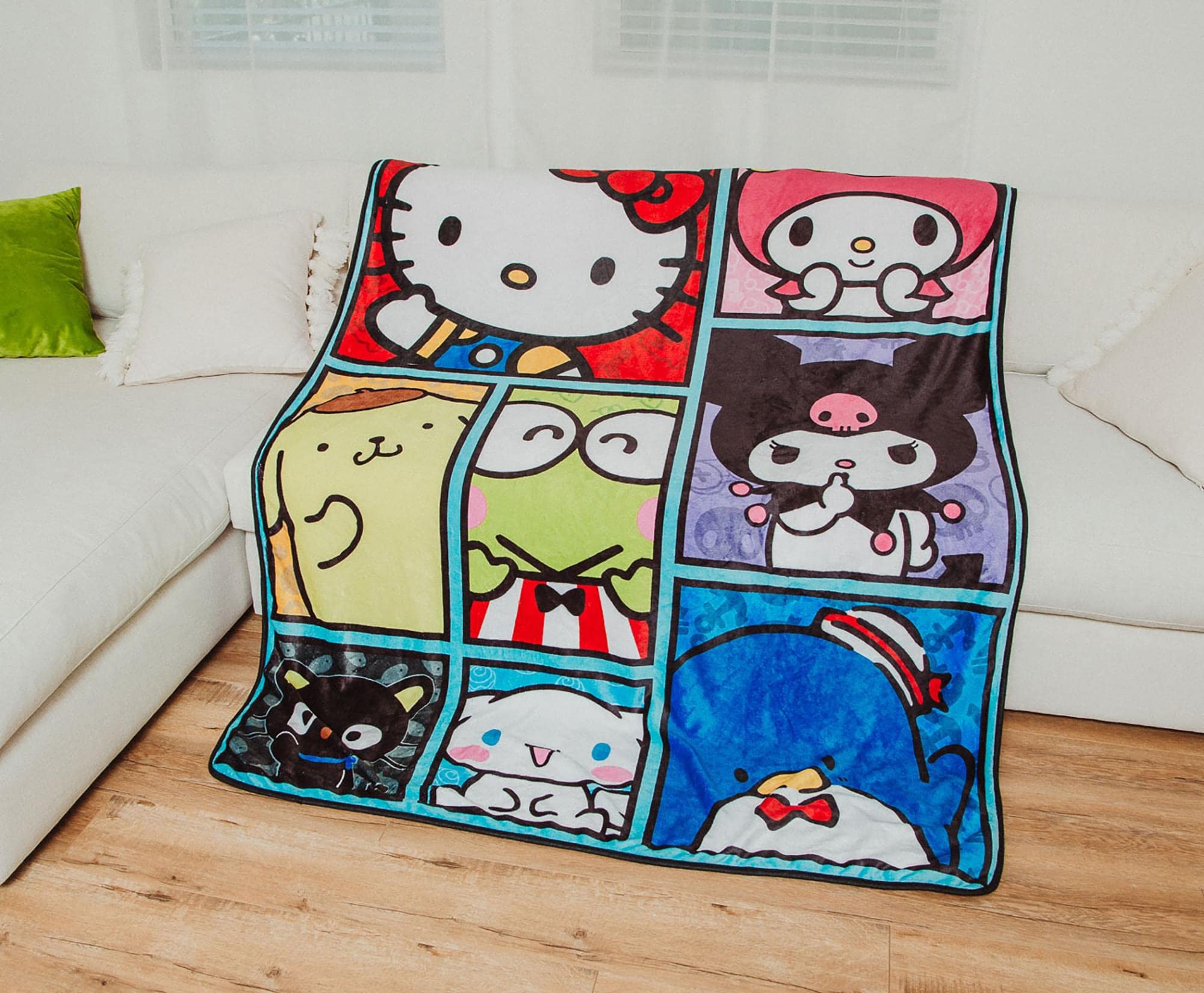 Toynk Hello Kitty draped over sofa adding playful room comfort