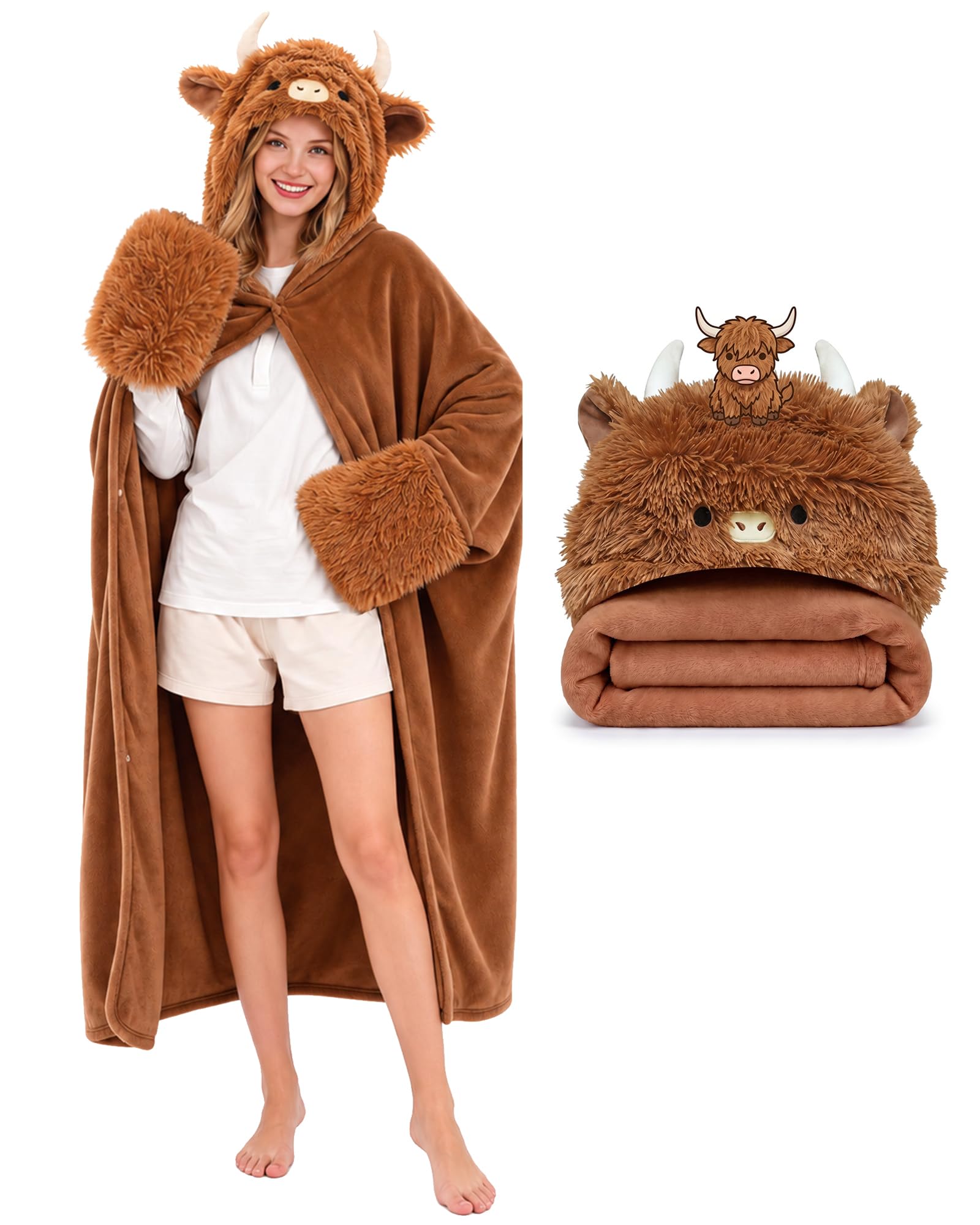 TOYSYM front packaging showing highland cow hoodie and benefits of cozy design