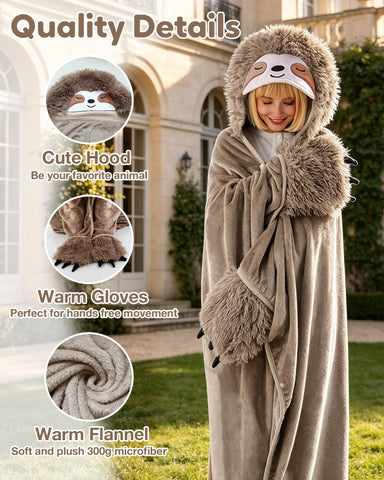 TOYSYM sloth blanket hood detail highlighting soft flannel and comfortable fit