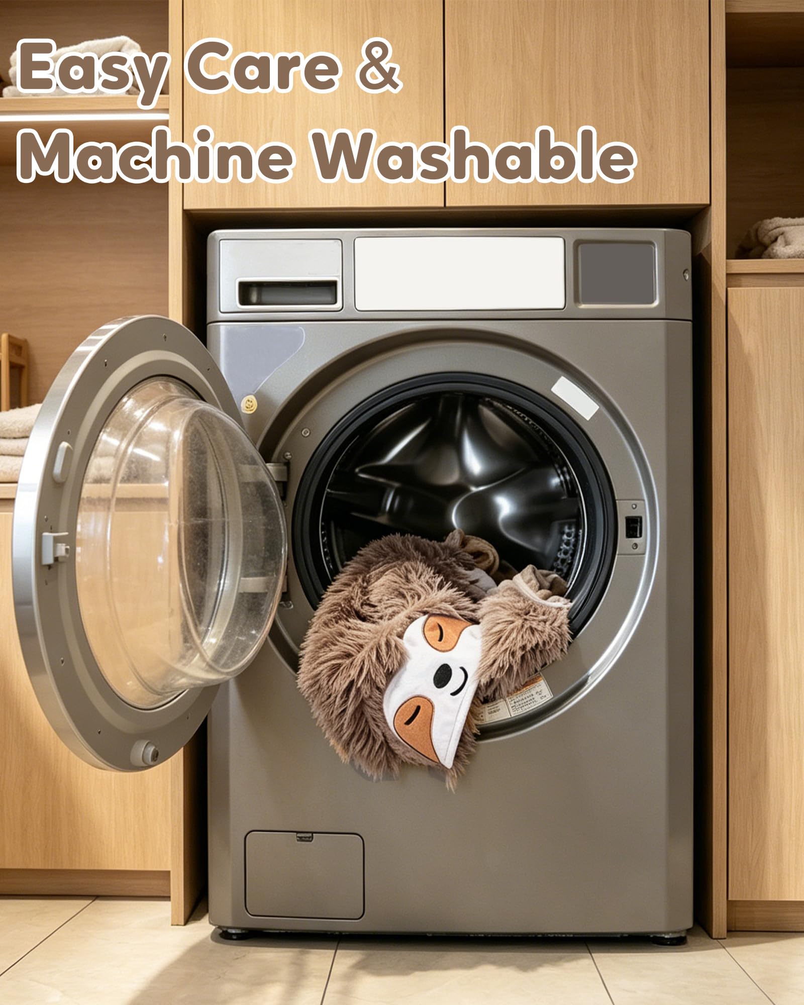 TOYSYM sloth blanket worn by adult standing demonstrating hands-free mobility