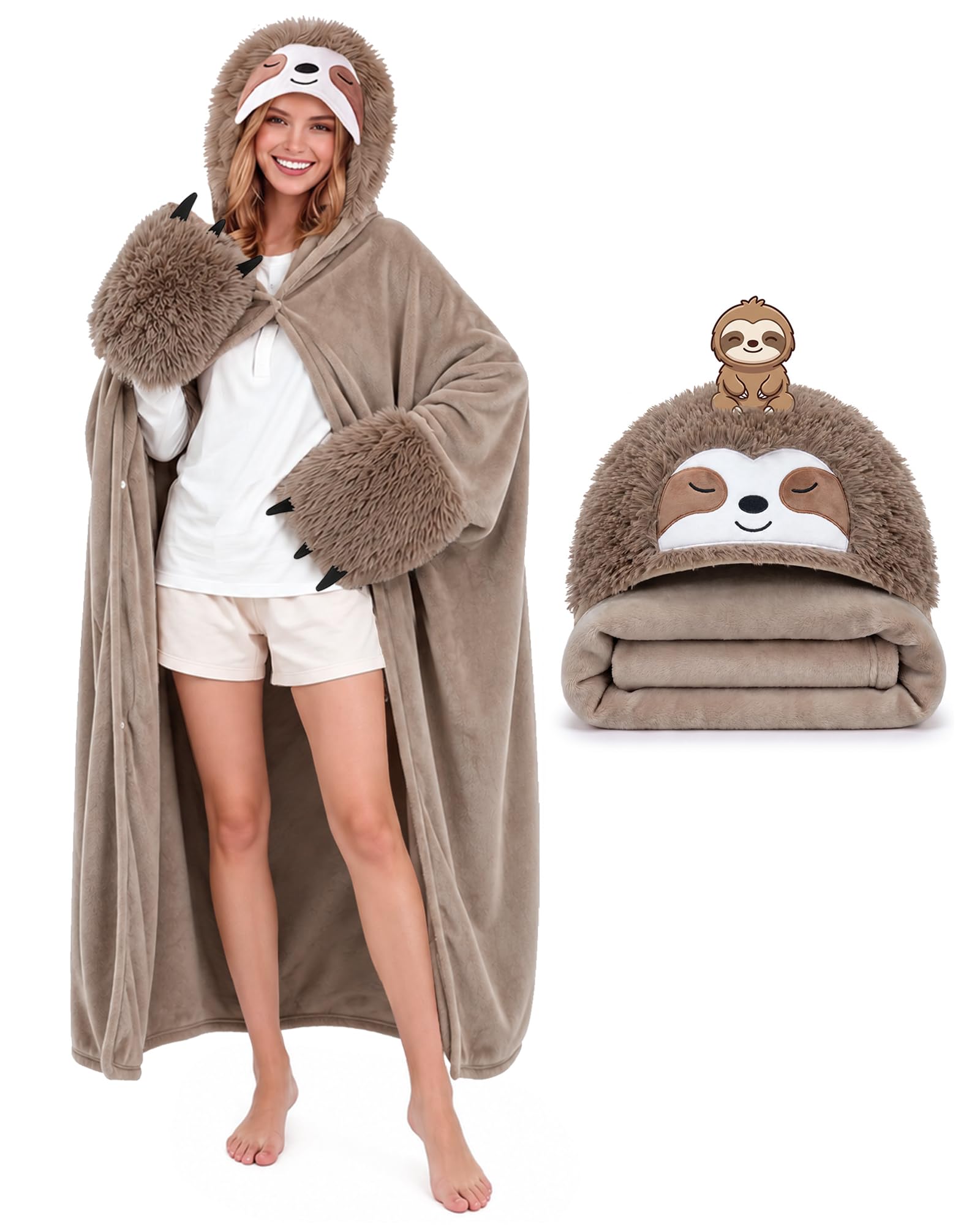 TOYSYM sloth hooded blanket front view showing cozy coverage and playful design