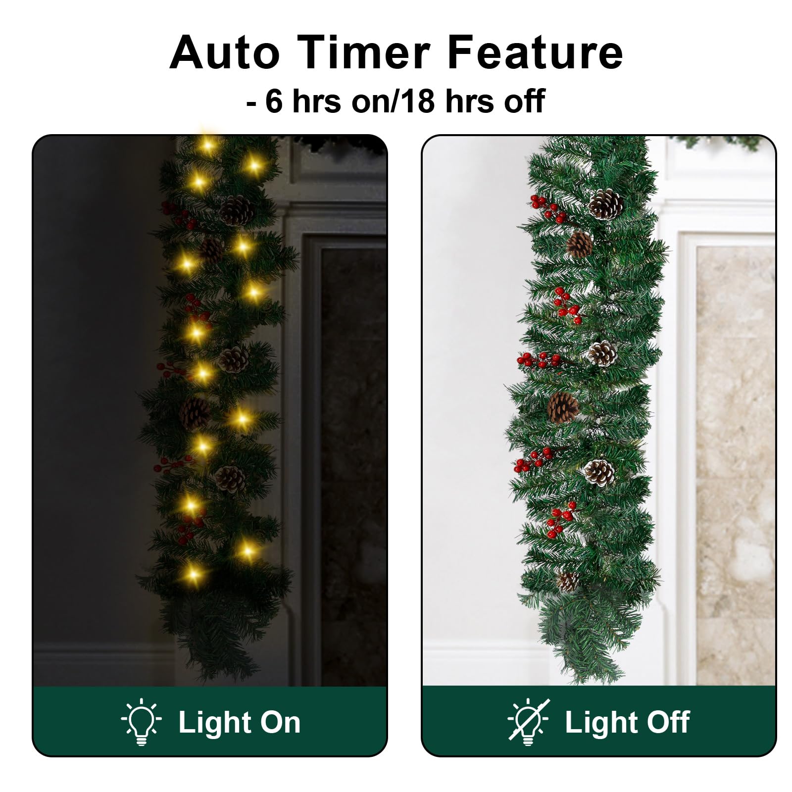 TQS garland lit at night showing 50 LEDs creating warm exterior glow