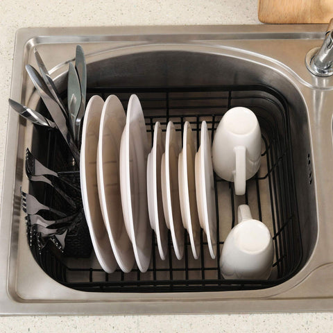 TQVAI dish rack installed in sink with plates drying and cleared counters