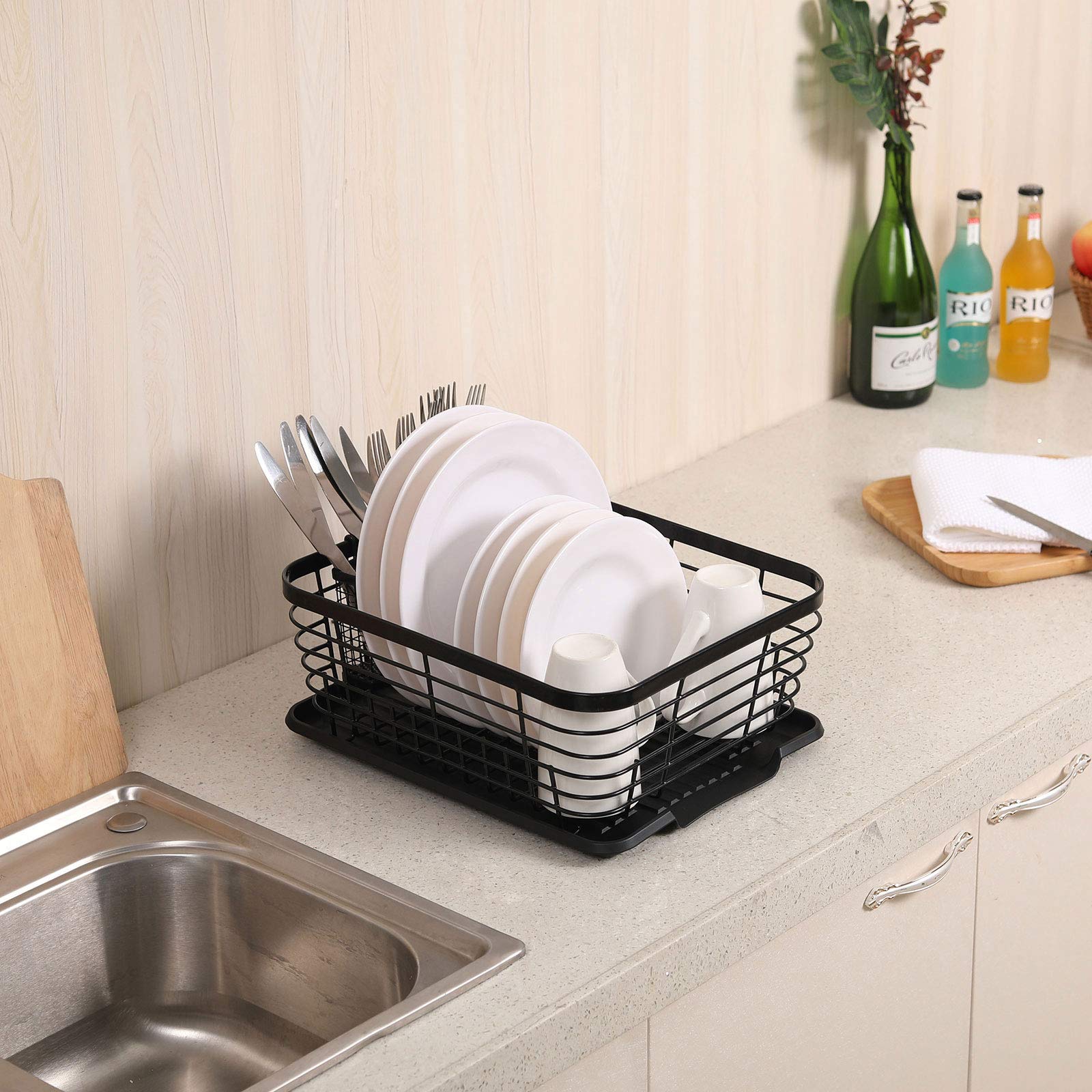 TQVAI dish rack next to measuring tape demonstrating compact, fit-friendly size