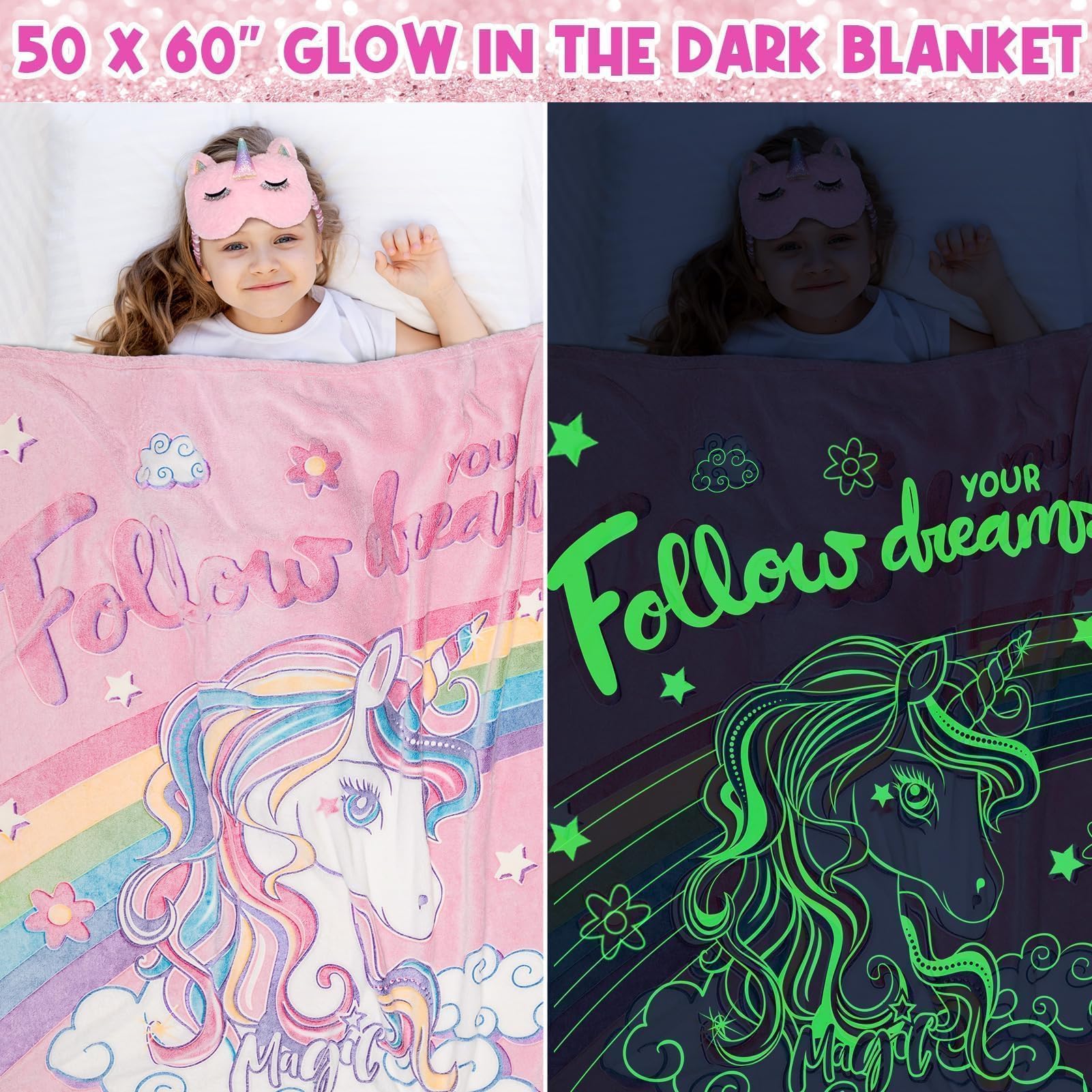 Trabuono unicorn blanket folded into its drawstring bag for compact storage