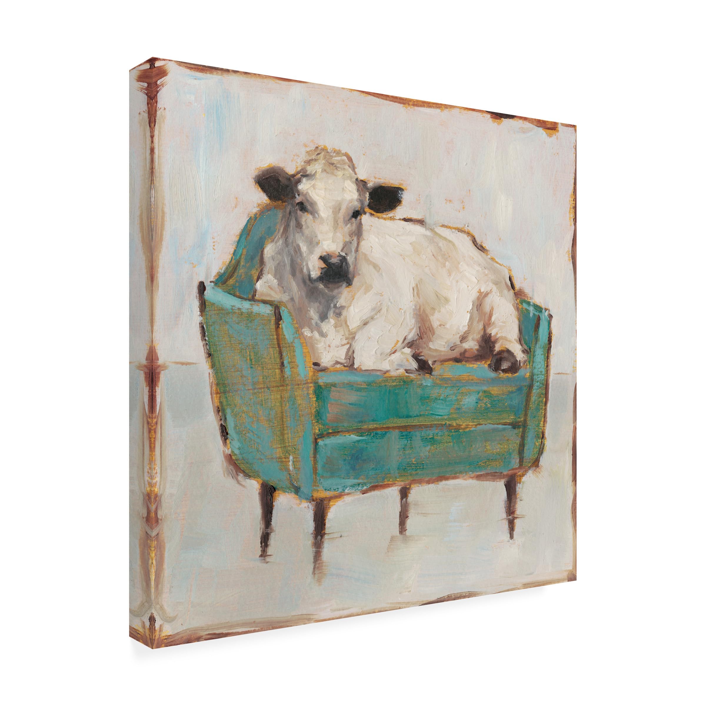 Trademark Fine Art front view of cow-in-chair canvas showing playful detail and visual appeal