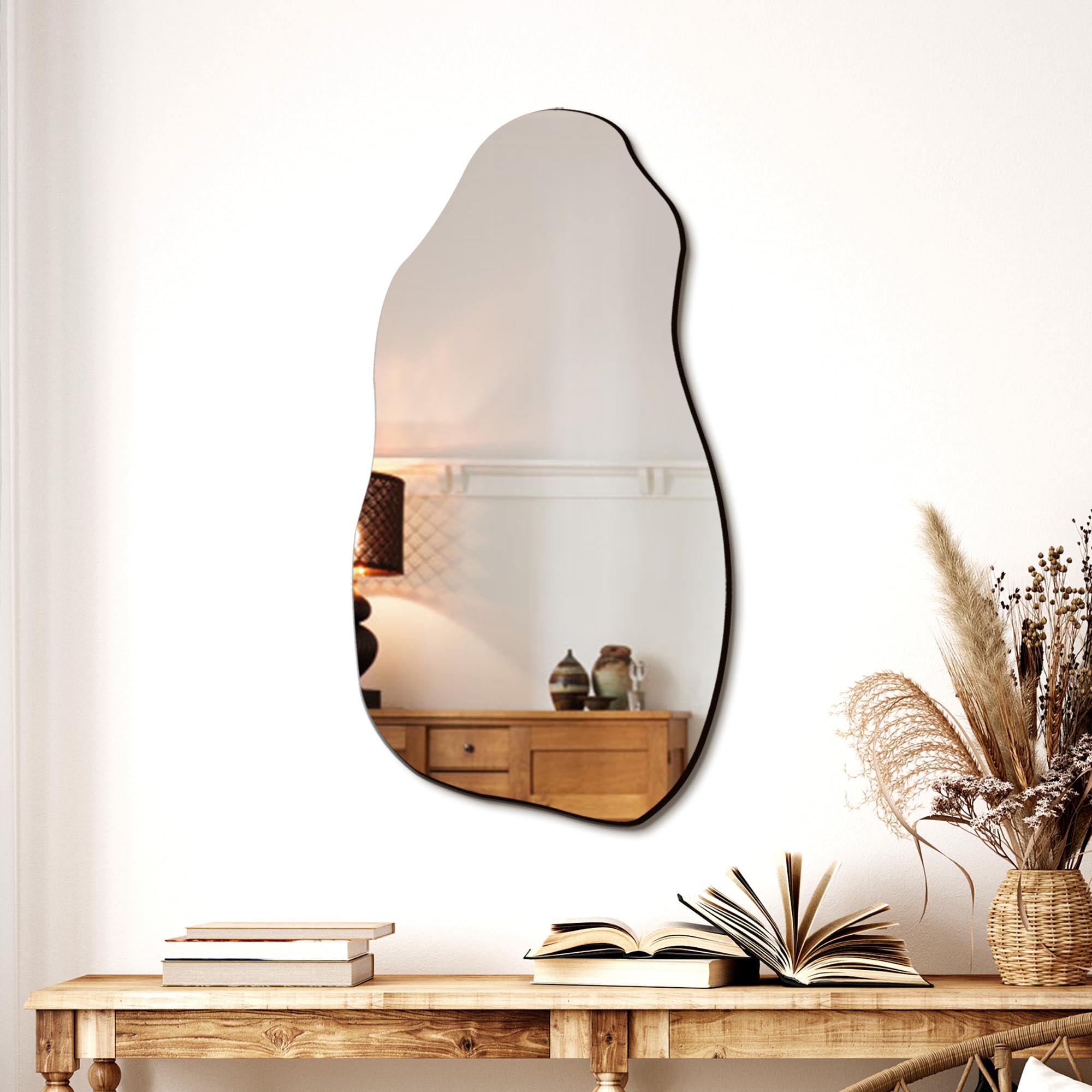 TRAHOME front view of asymmetrical mirror adds modern focal point