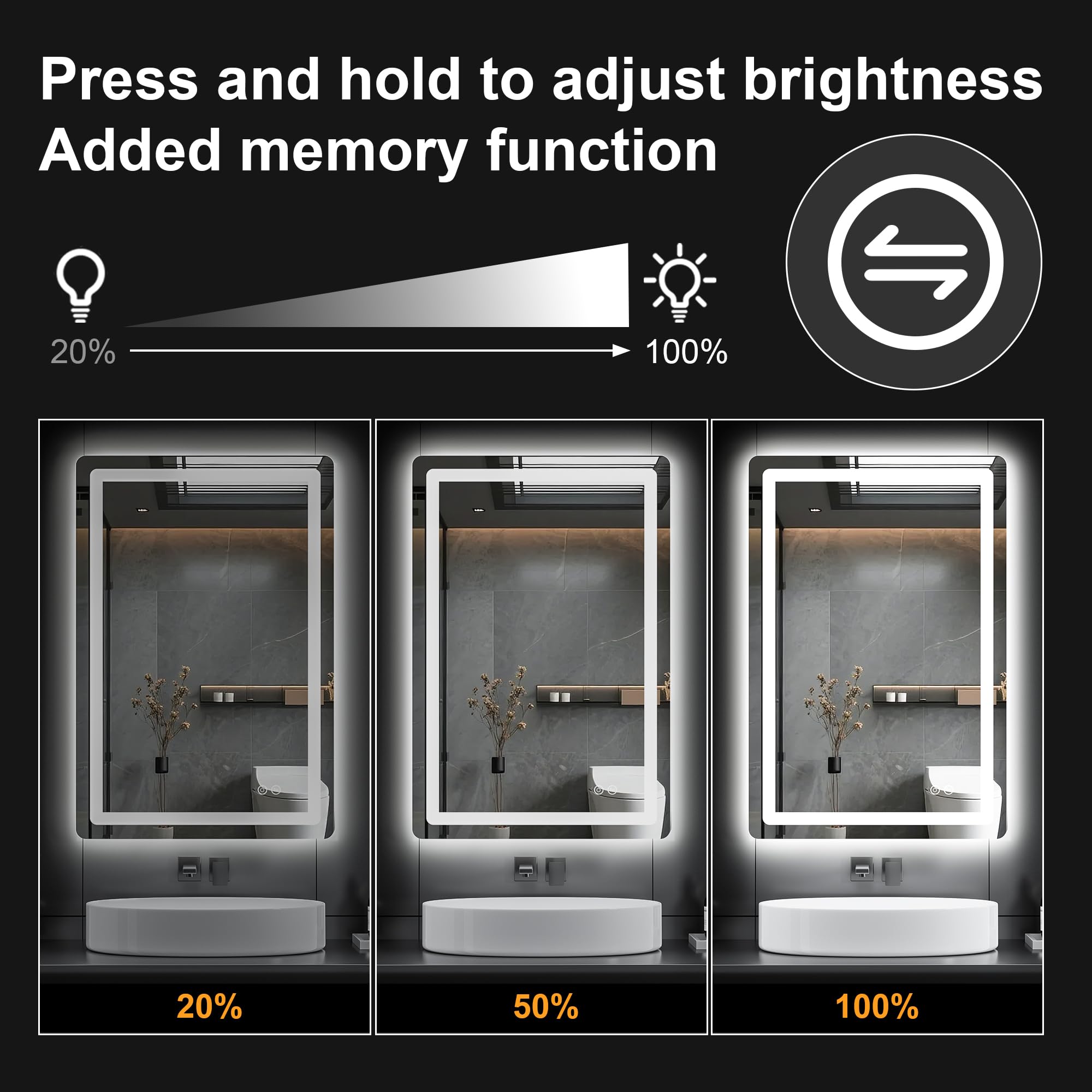 TRAHOME defogger indicator lit demonstrating steam-free mirror after shower benefit