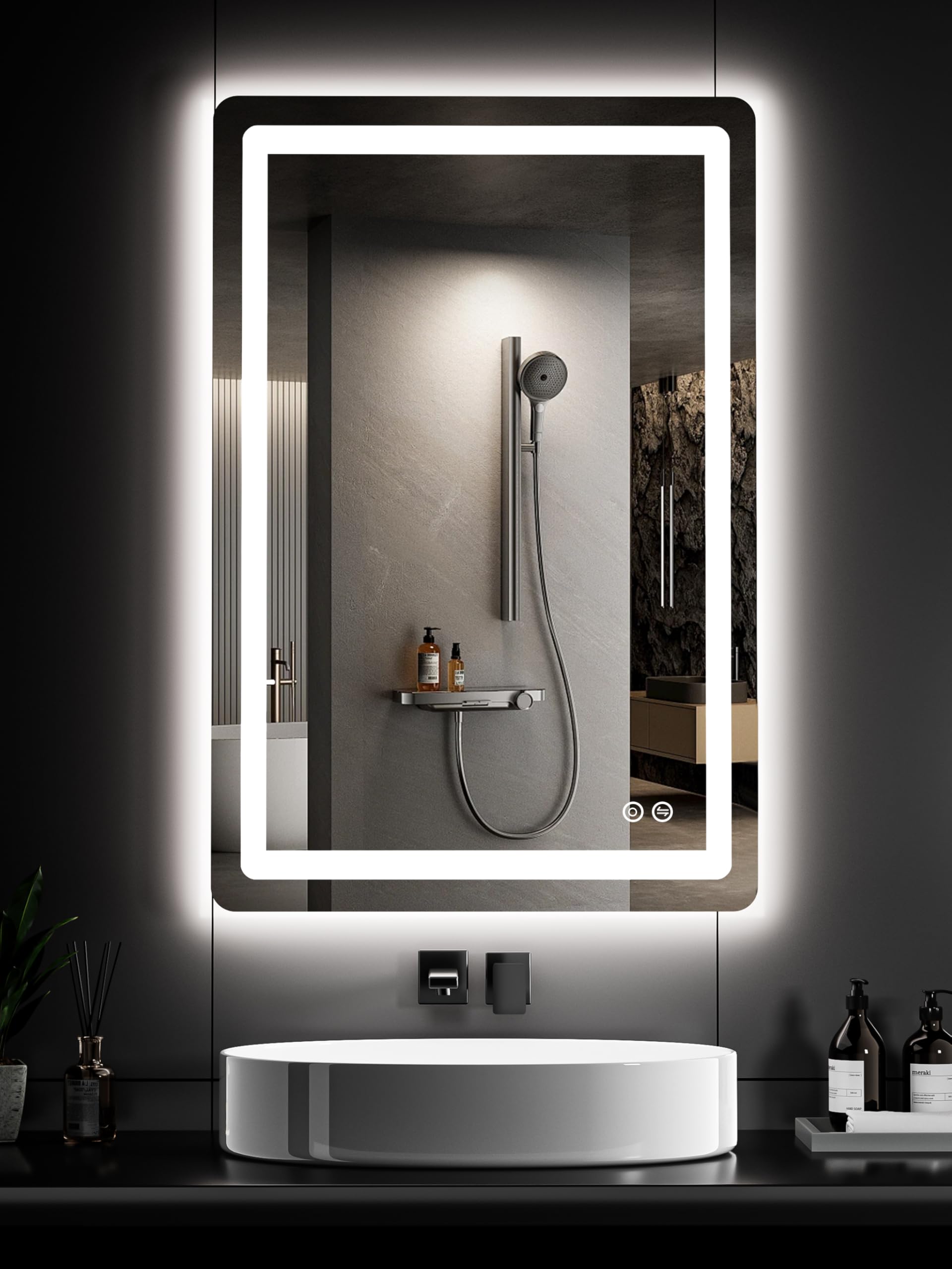 TRAHOME front view of mirror showing even lighting and clear reflection benefit