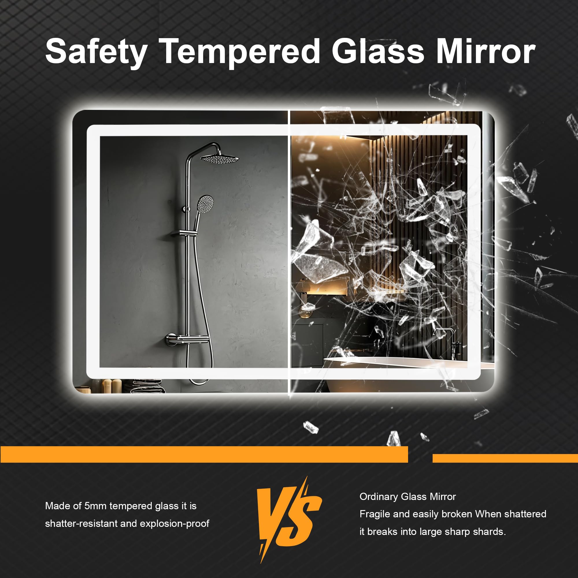TRAHOME mirror mounted vertically above vanity showing installation flexibility benefit