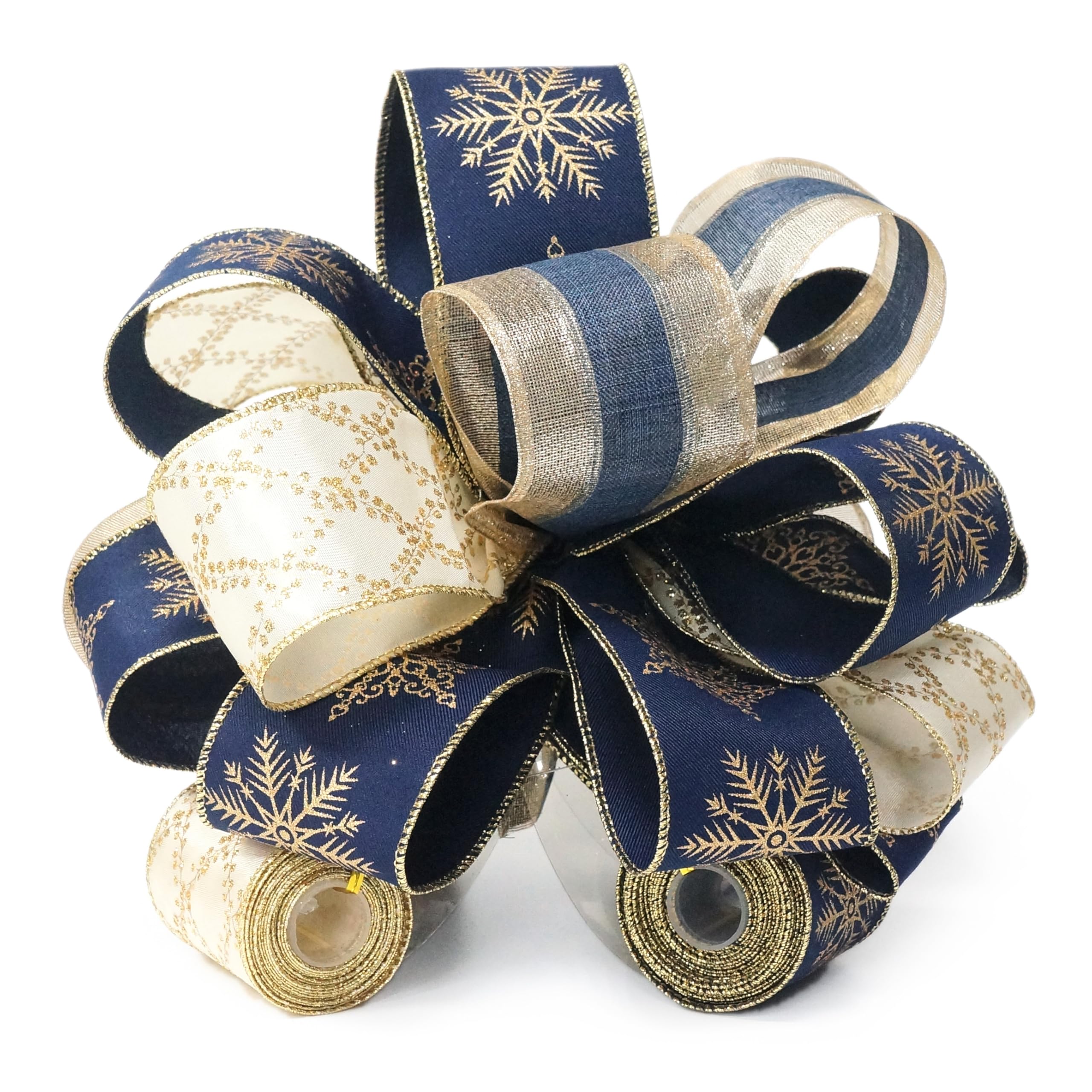 Traico front view of navy blue and gold snowflake bow, elevates tree style