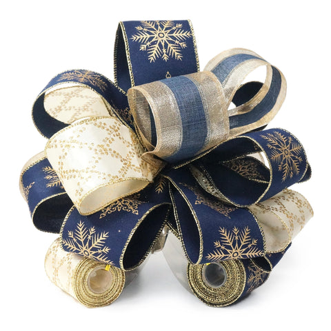 Traico front view of navy blue and gold snowflake bow, elevates tree style