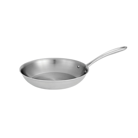 Tramontina 10-inch fry pan front view showing polished stainless steel benefit even heating