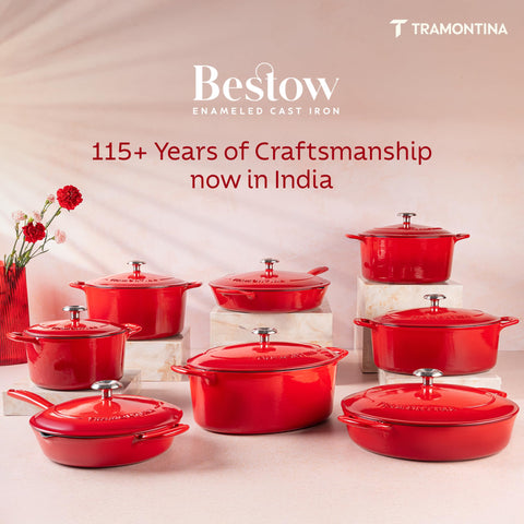 Tramontina Bestow on dining table in a served meal setting, stylish kitchen-to-table serving
