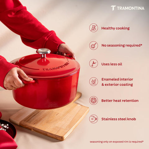 Tramontina Bestow side handle detail demonstrating sturdy cast-iron grip for safe transfer