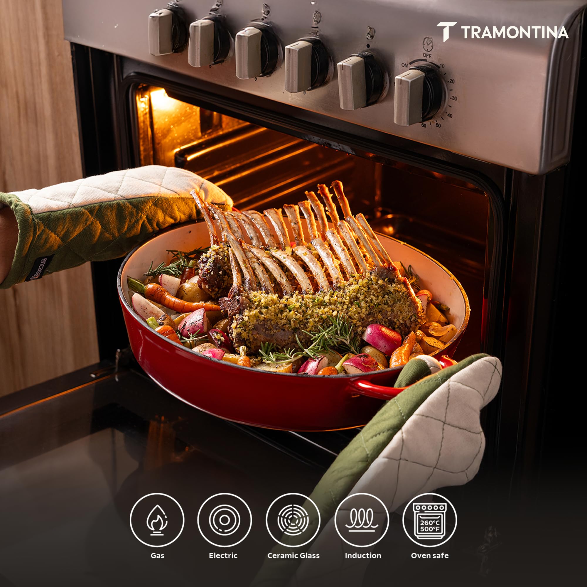 Tramontina Bestow size comparison next to utensils illustrating 5.5-quart capacity
