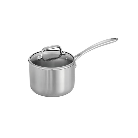 Tramontina front view showing polished saucepan and lid for reliable cooking