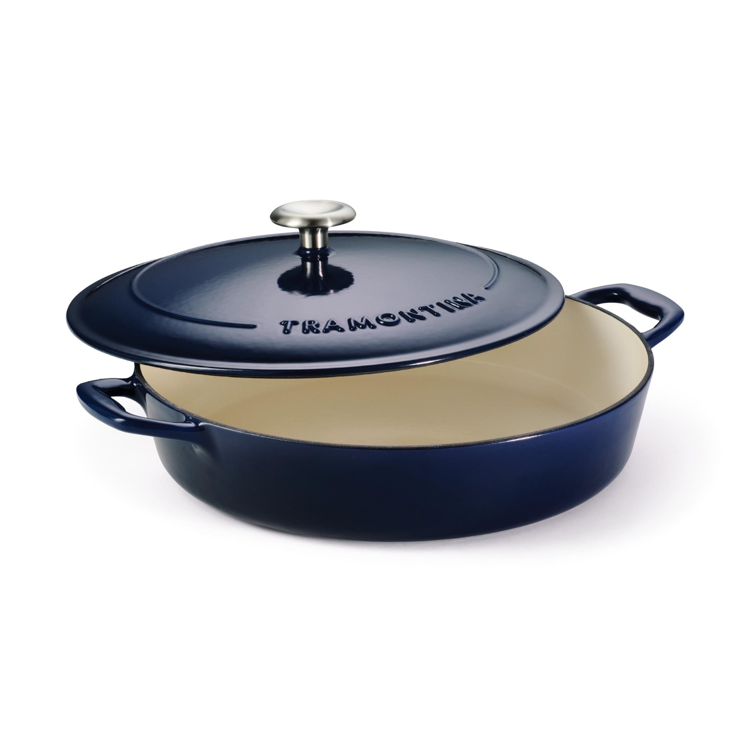 Tramontina braiser front view showing blue enamel and lid for stylish serving