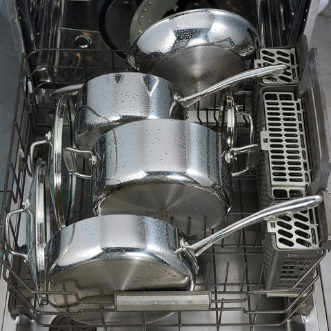 Tramontina pan in dishwasher indicating easy cleanup and time-saving maintenance