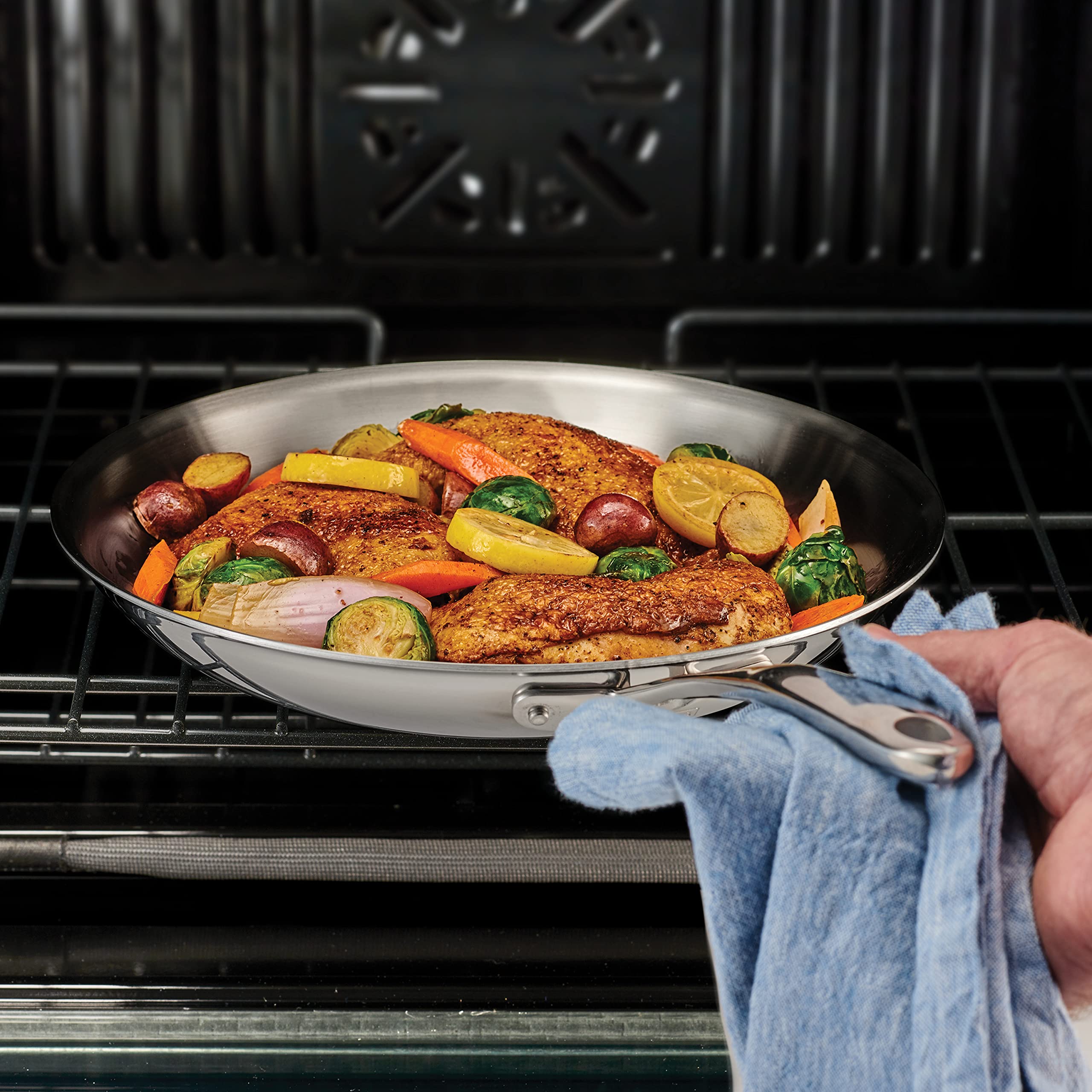 Tramontina 8-inch pan in oven demonstrating oven-safe up to 500°F versatility