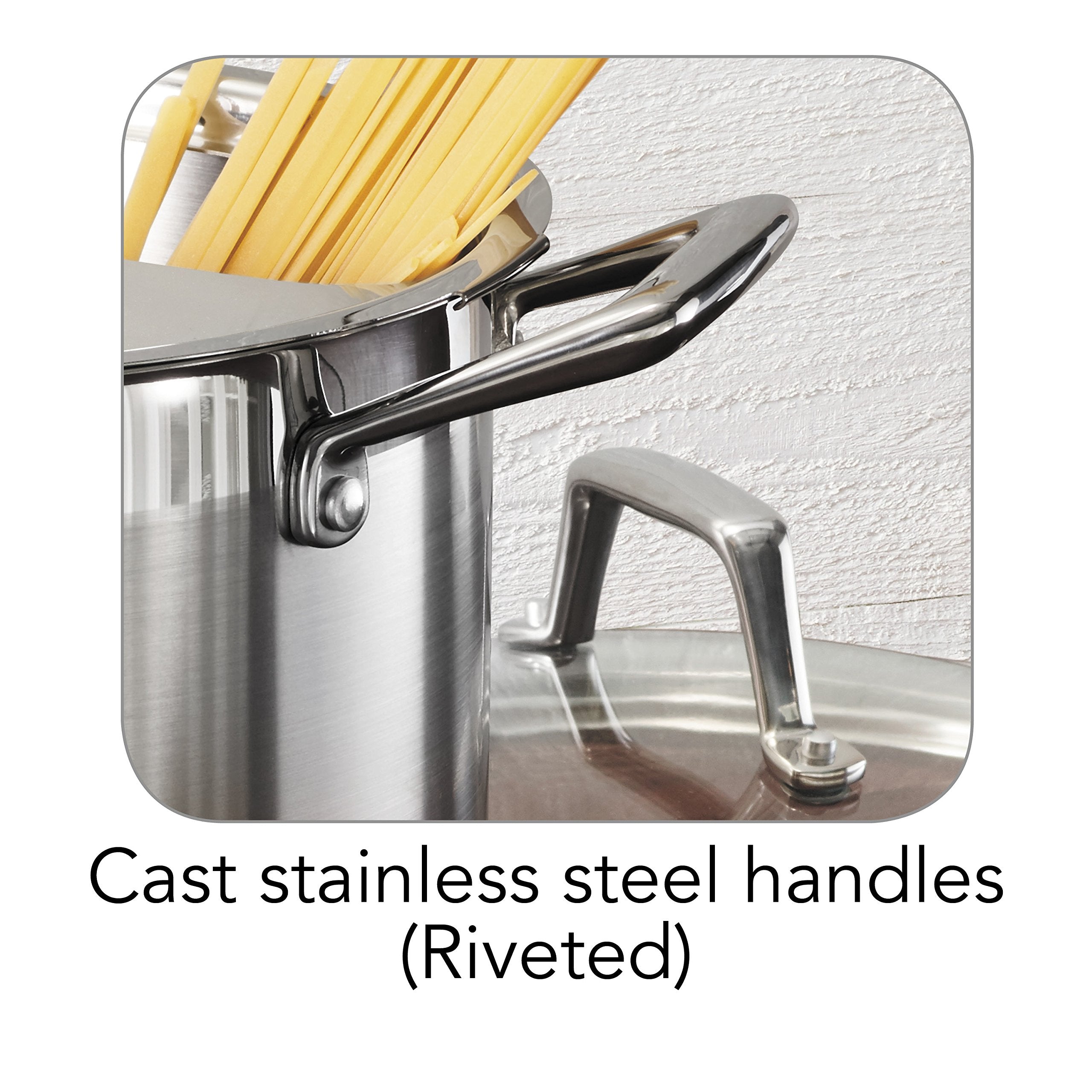 Tramontina pot in use draining spaghetti demonstrating spill‑free pouring advantage