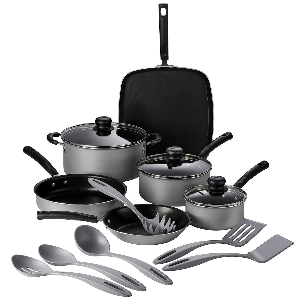 Tramontina front packaging showing full 15-piece silver cookware set, clear organization benefit