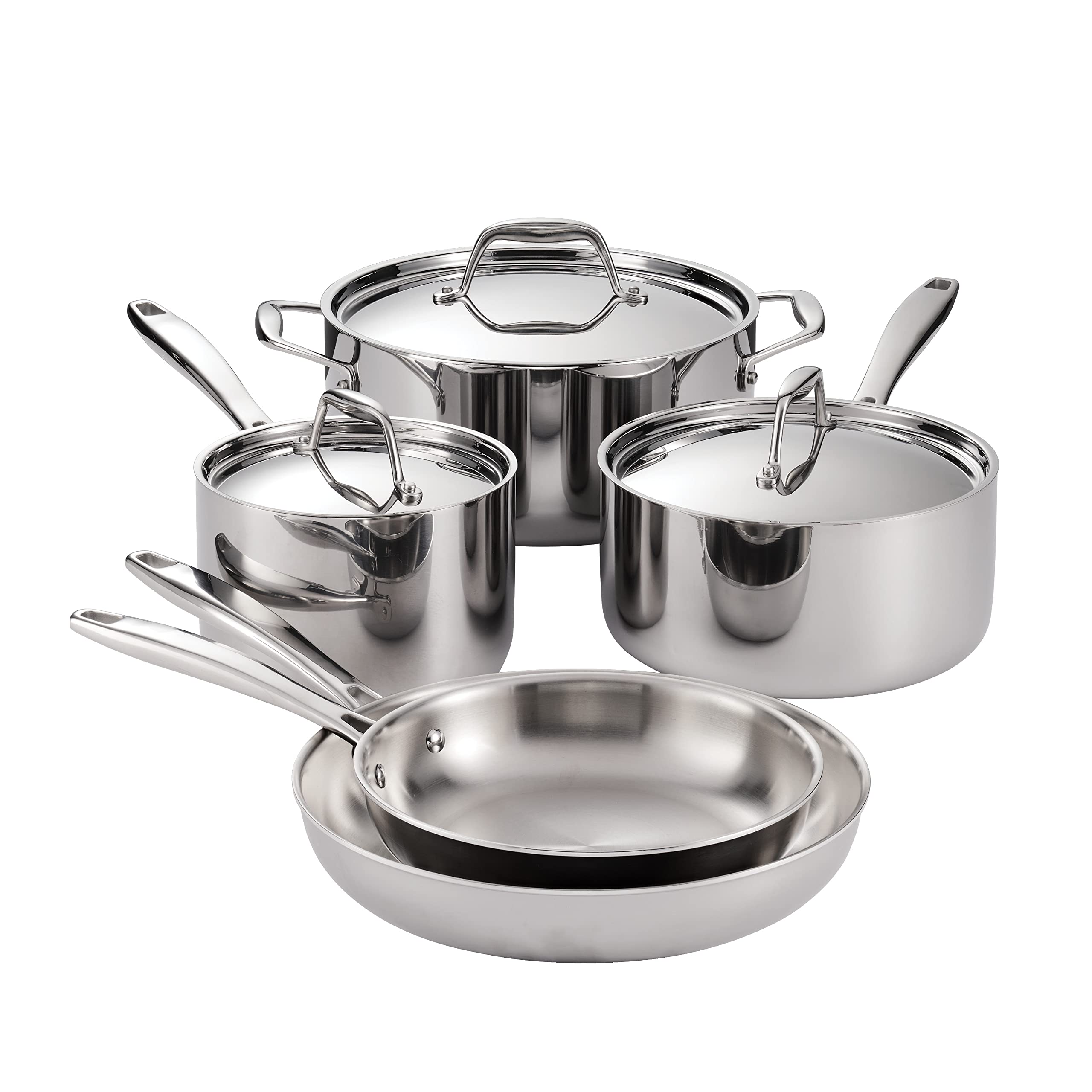 Tramontina front view of full 8-piece set showing polished finish and professional look