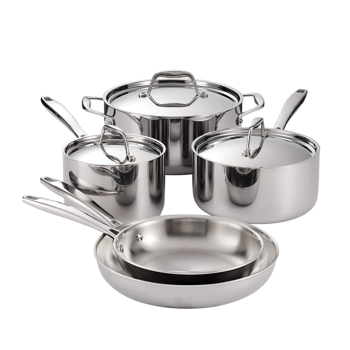 Tramontina front view of full 8-piece set showing polished finish and professional look