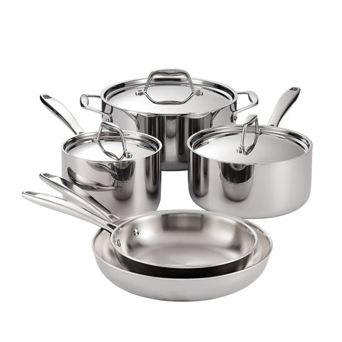 Tramontina front view of full 8-piece set showing polished finish and professional look