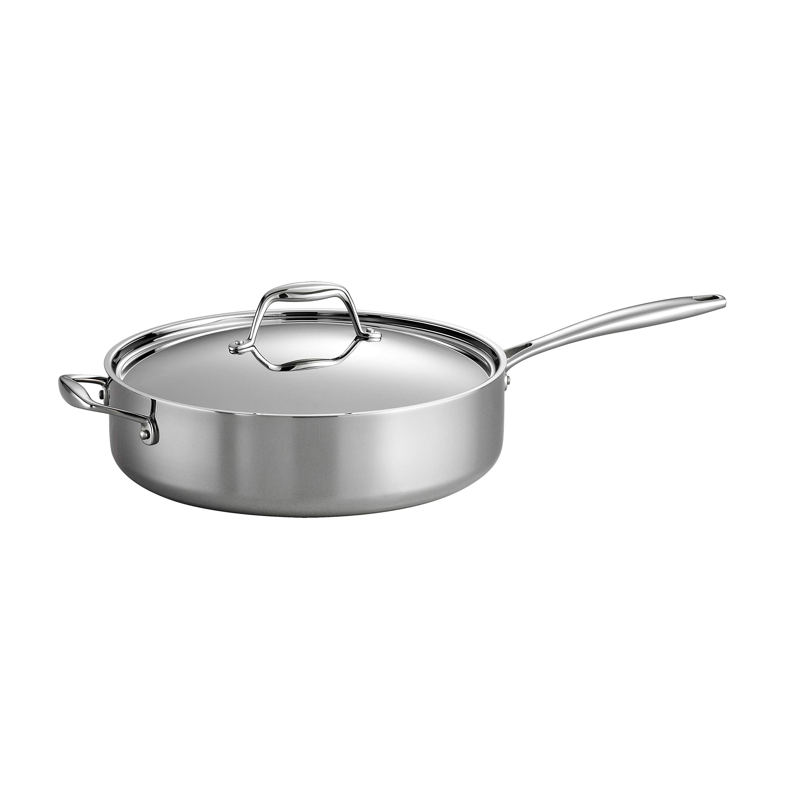 Tramontina front view of sauté pan showing polished exterior and capacity benefit