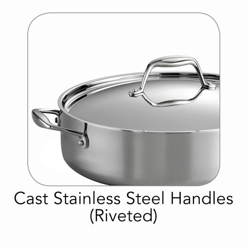 Tramontina pan next to hand for size comparison showing generous 6-quart capacity