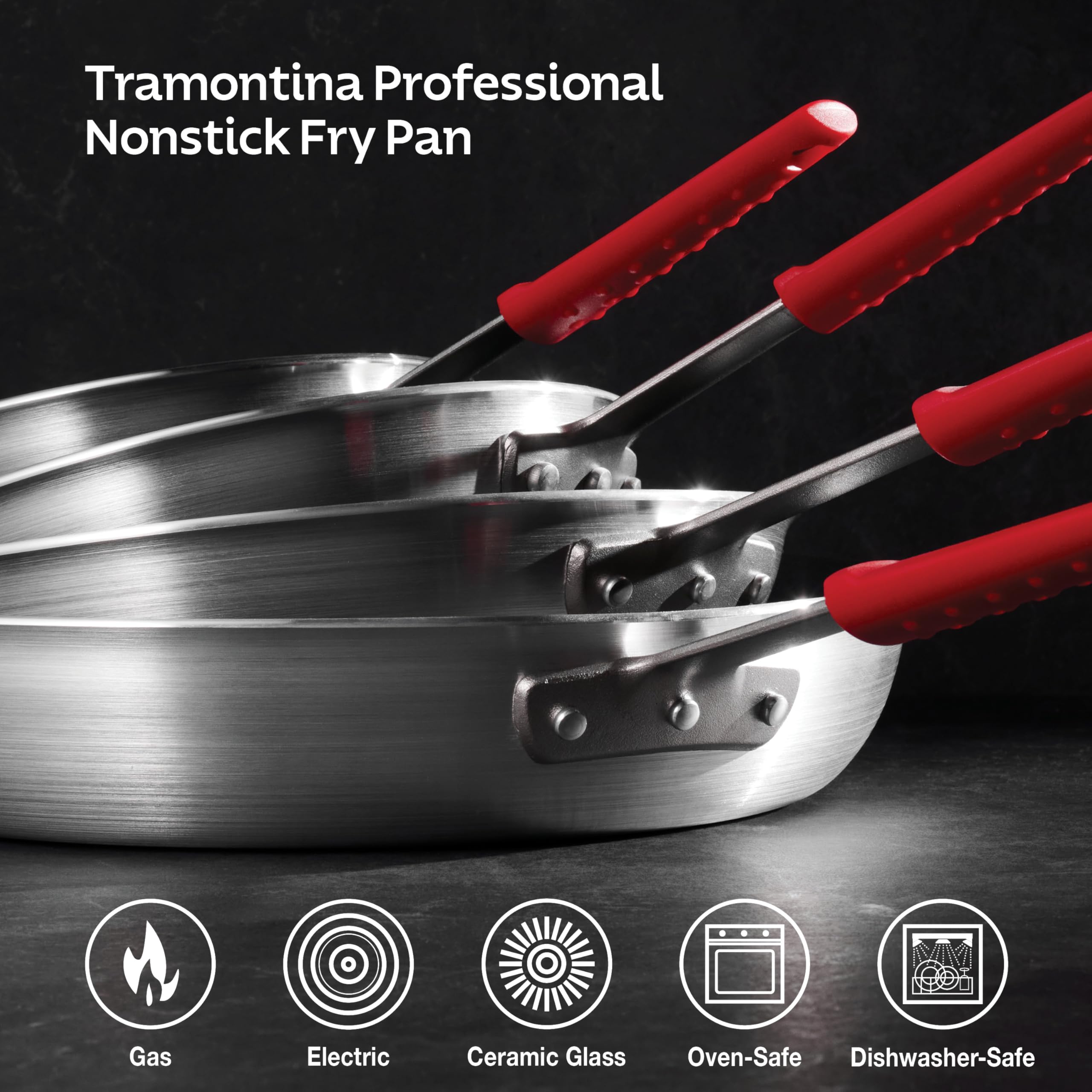 Tramontina pan next to utensils to show 12-inch scale and multipurpose capacity