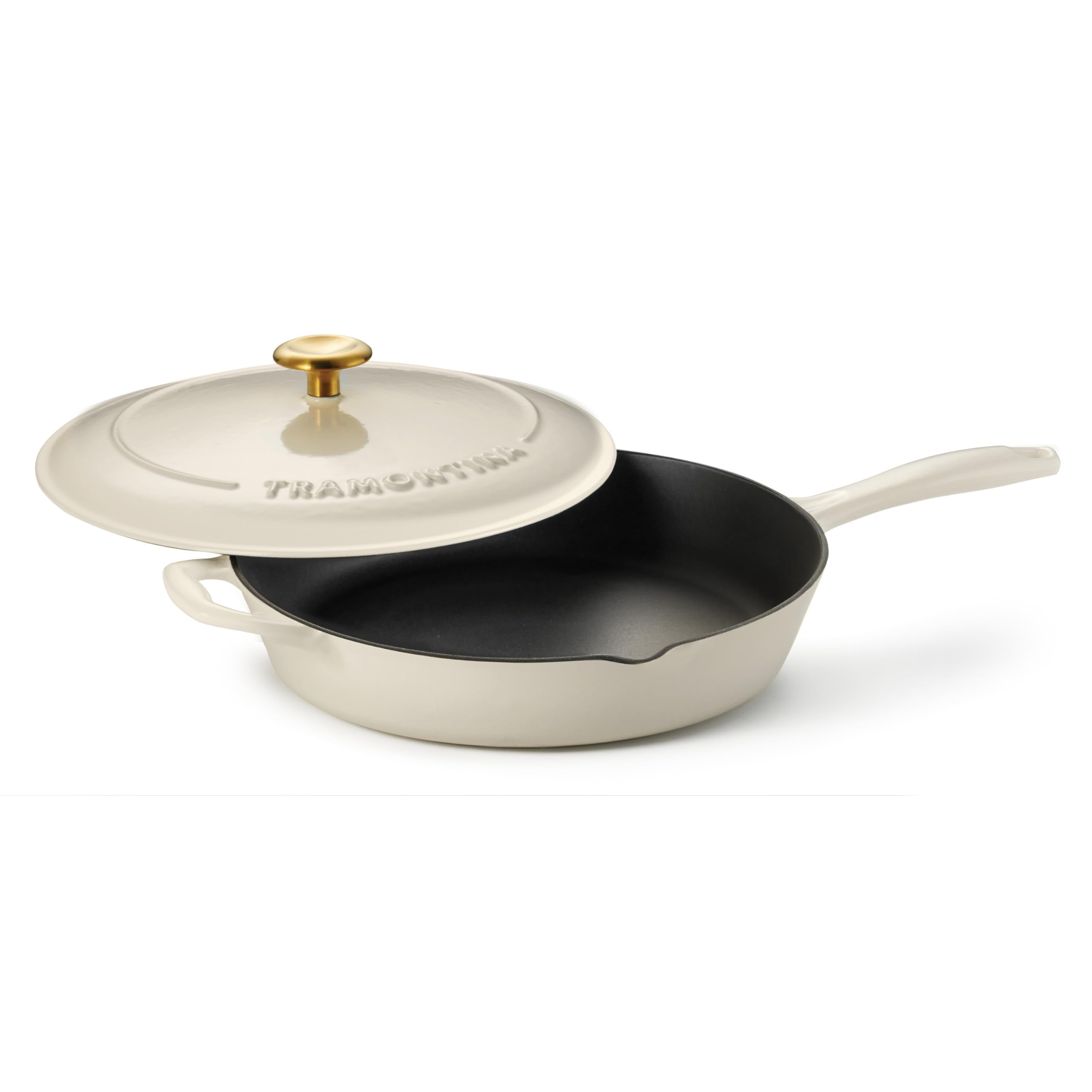 Tramontina skillet front view in latte showing stylish exterior and cooking area benefit