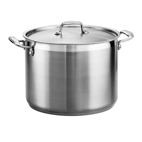 Tramontina front view showing pot and lid, sturdy build and versatile capacity