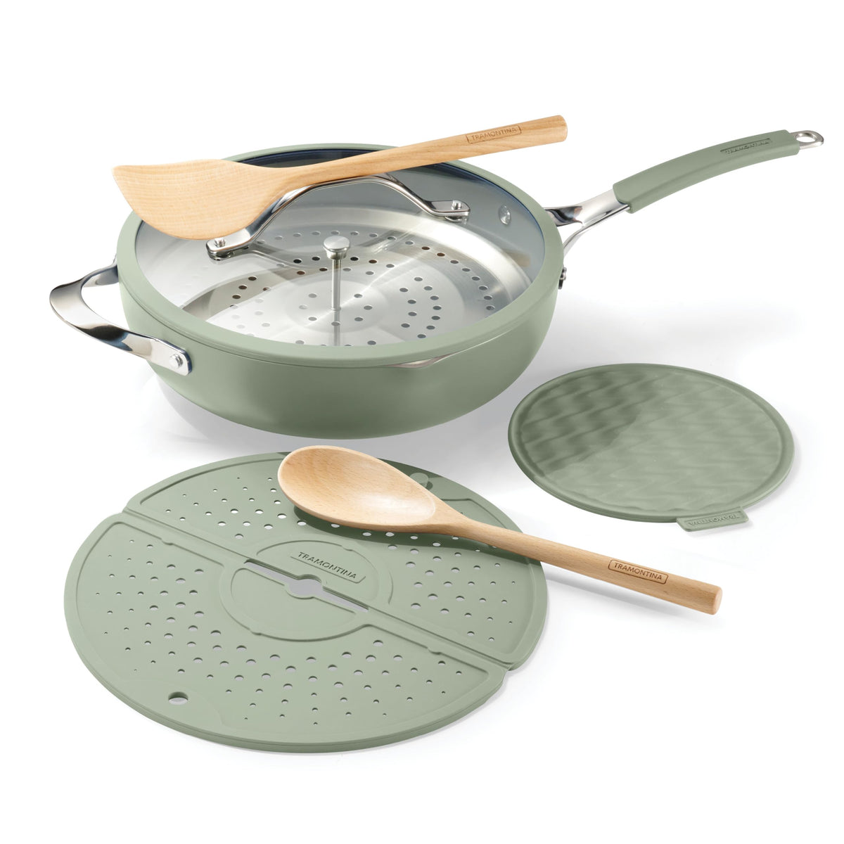 Tramontina front packaging showing full all-in-one pan set and accessories
