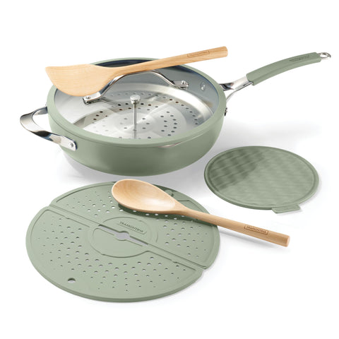 Tramontina front packaging showing full all-in-one pan set and accessories