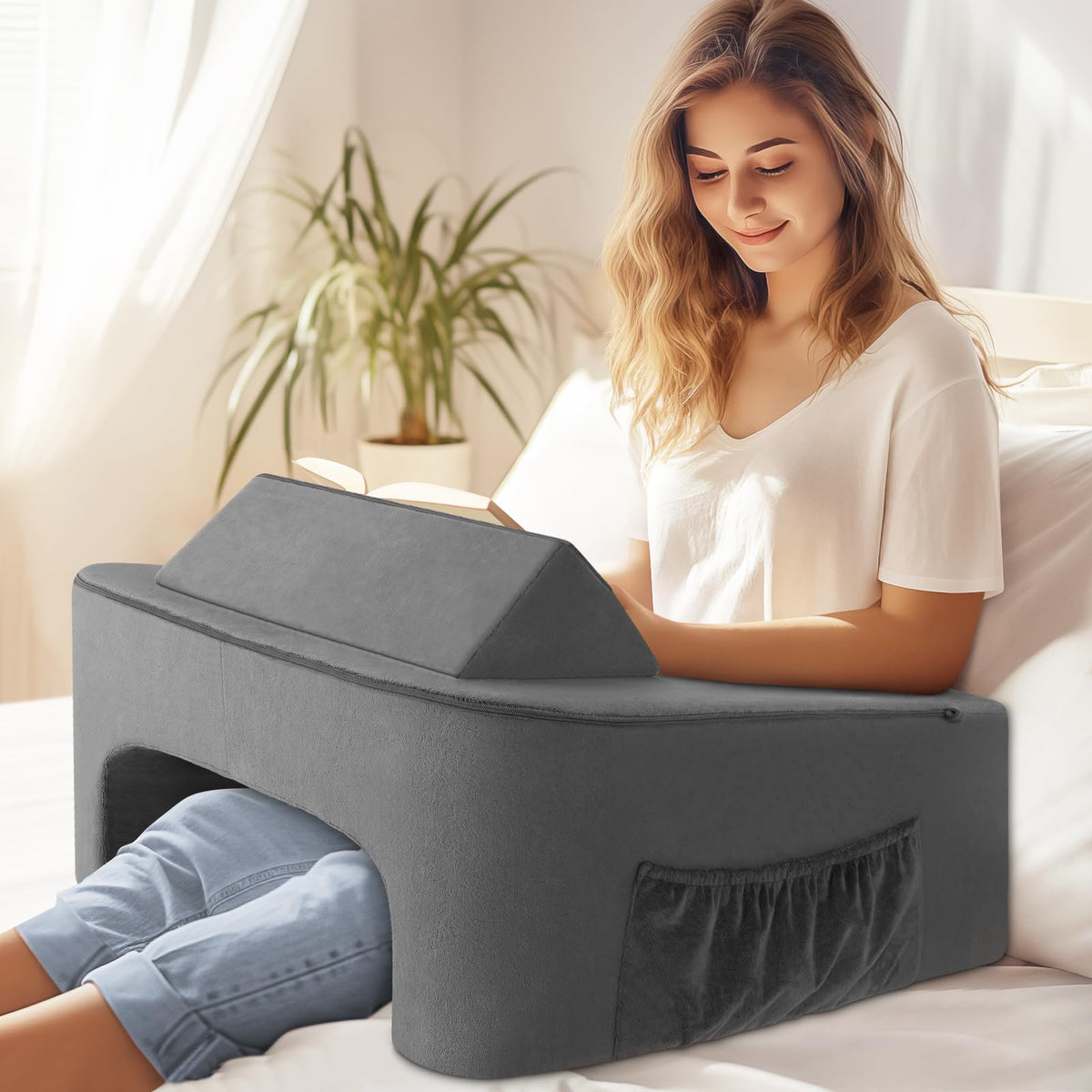 TranquilRelax front view reading pillow showing lap table and back support benefit