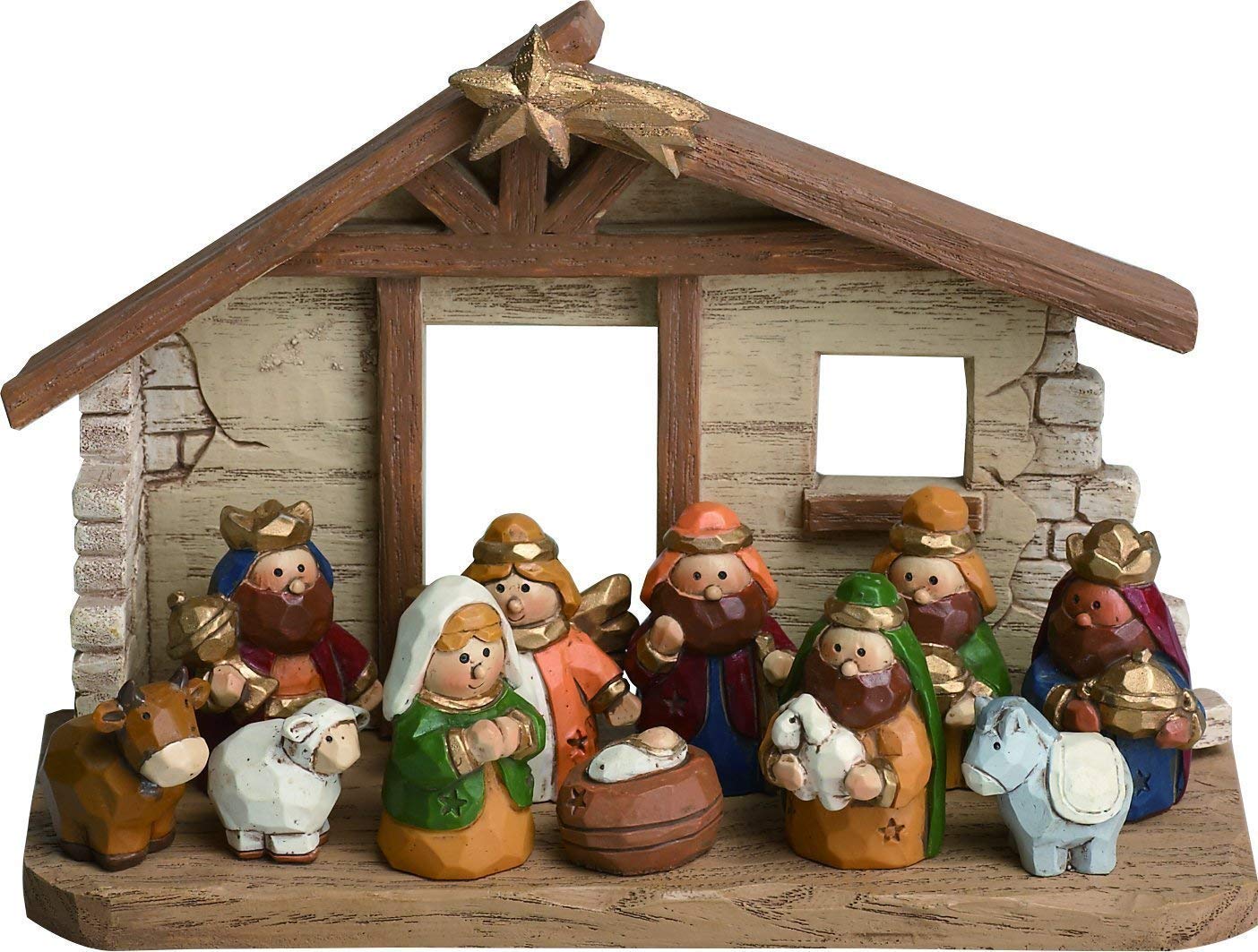 Transpac multicolor nativity front view showing full creche and 11-piece scene, festive centerpiece benefit