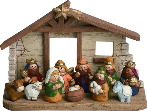 Transpac multicolor nativity front view showing full creche and 11-piece scene, festive centerpiece benefit