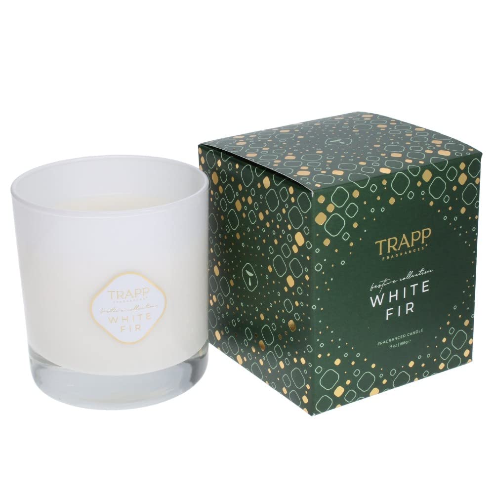 Trapp white fir front view showing elegant white glass and seasonal label benefit gifting
