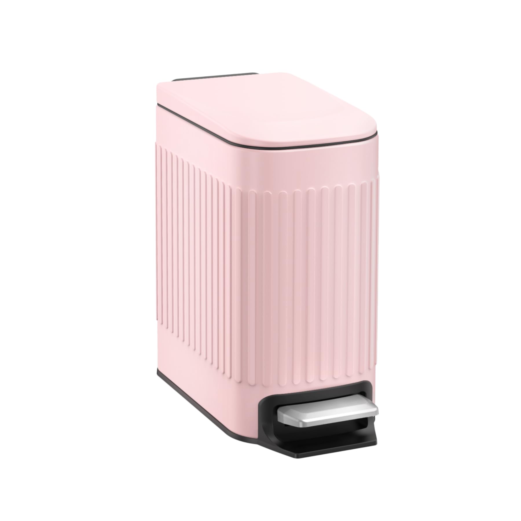 TrashAid pink trash can front view showing compact design and decor appeal