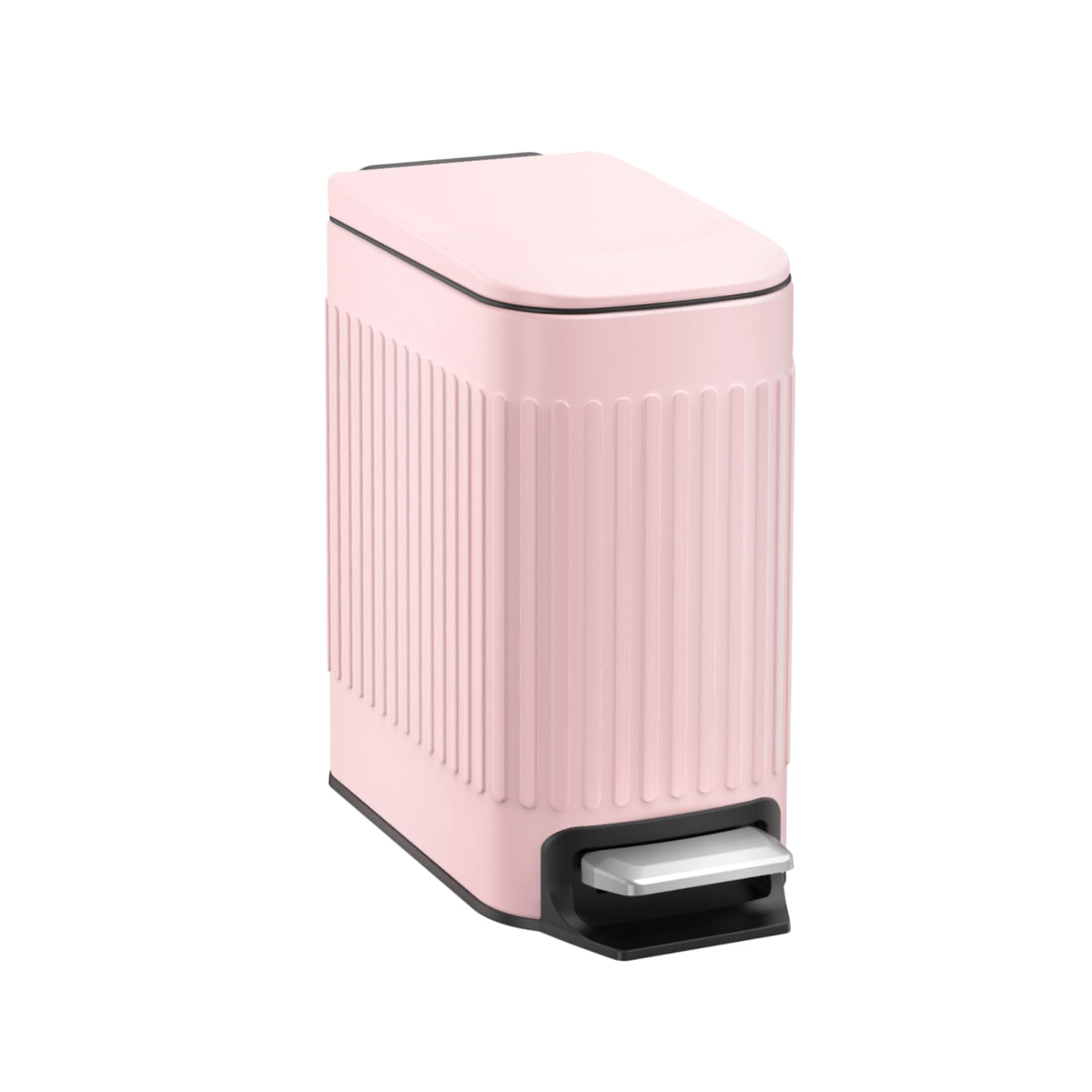 TrashAid pink trash can front view showing compact design and decor appeal
