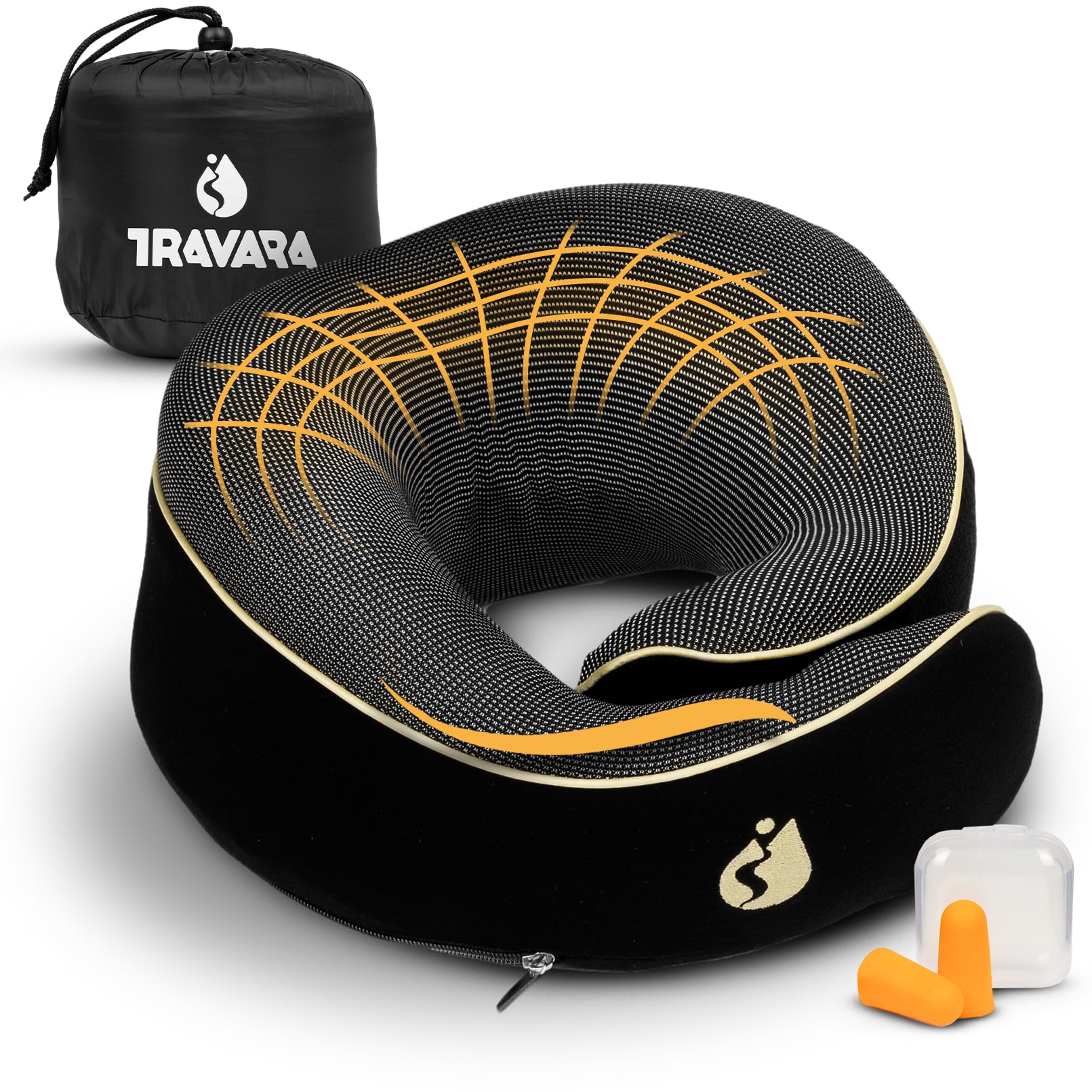 TRAVARA front view of black neck pillow showing ergonomic shape and support