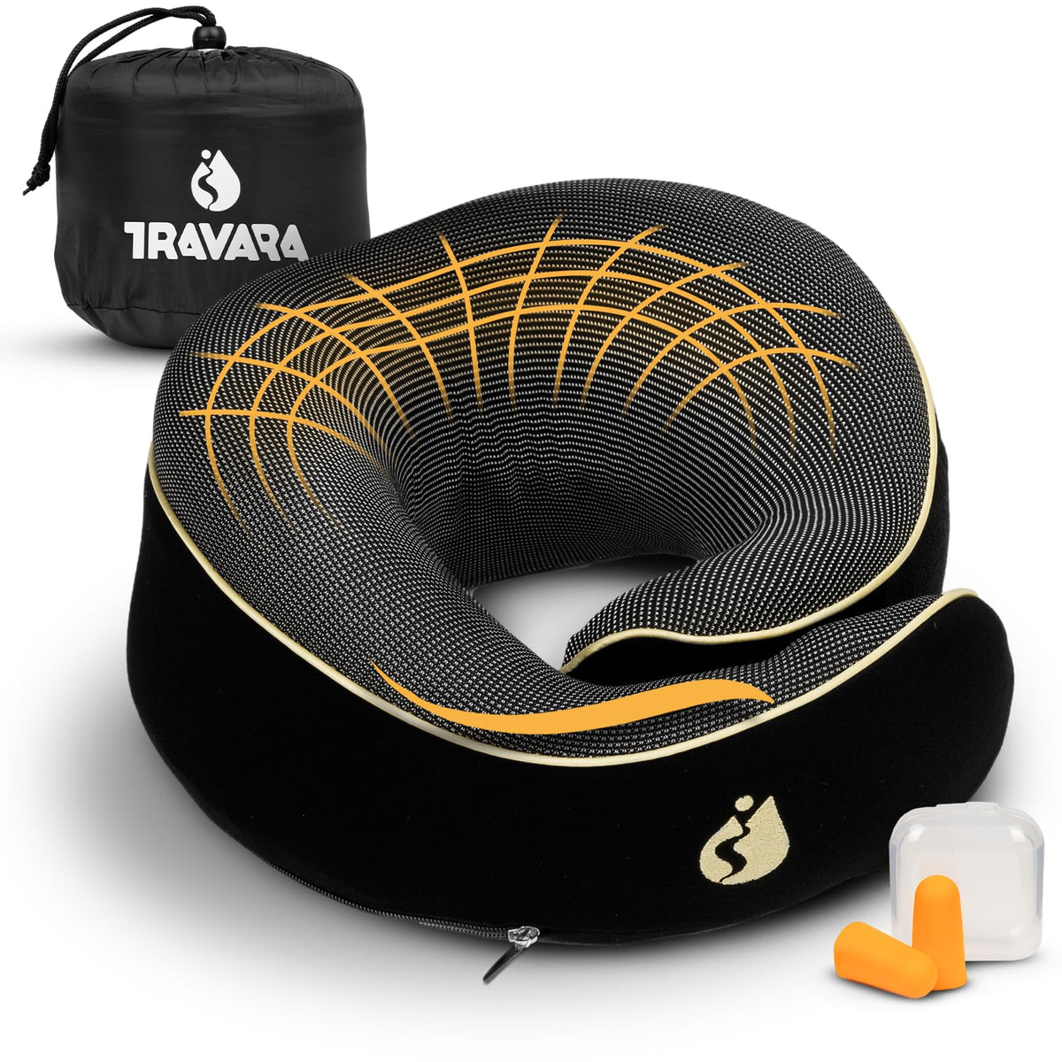 TRAVARA front view of black neck pillow showing ergonomic shape and support