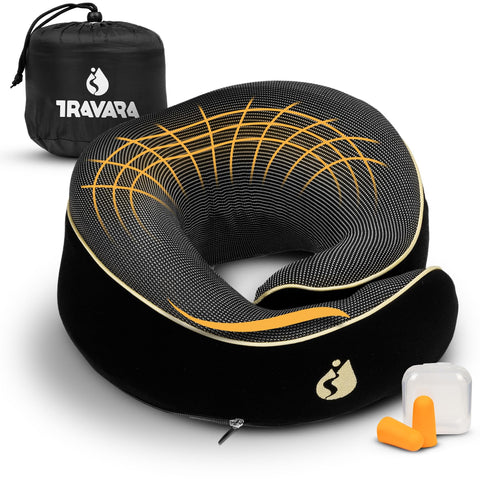 TRAVARA front view of black neck pillow showing ergonomic shape and support