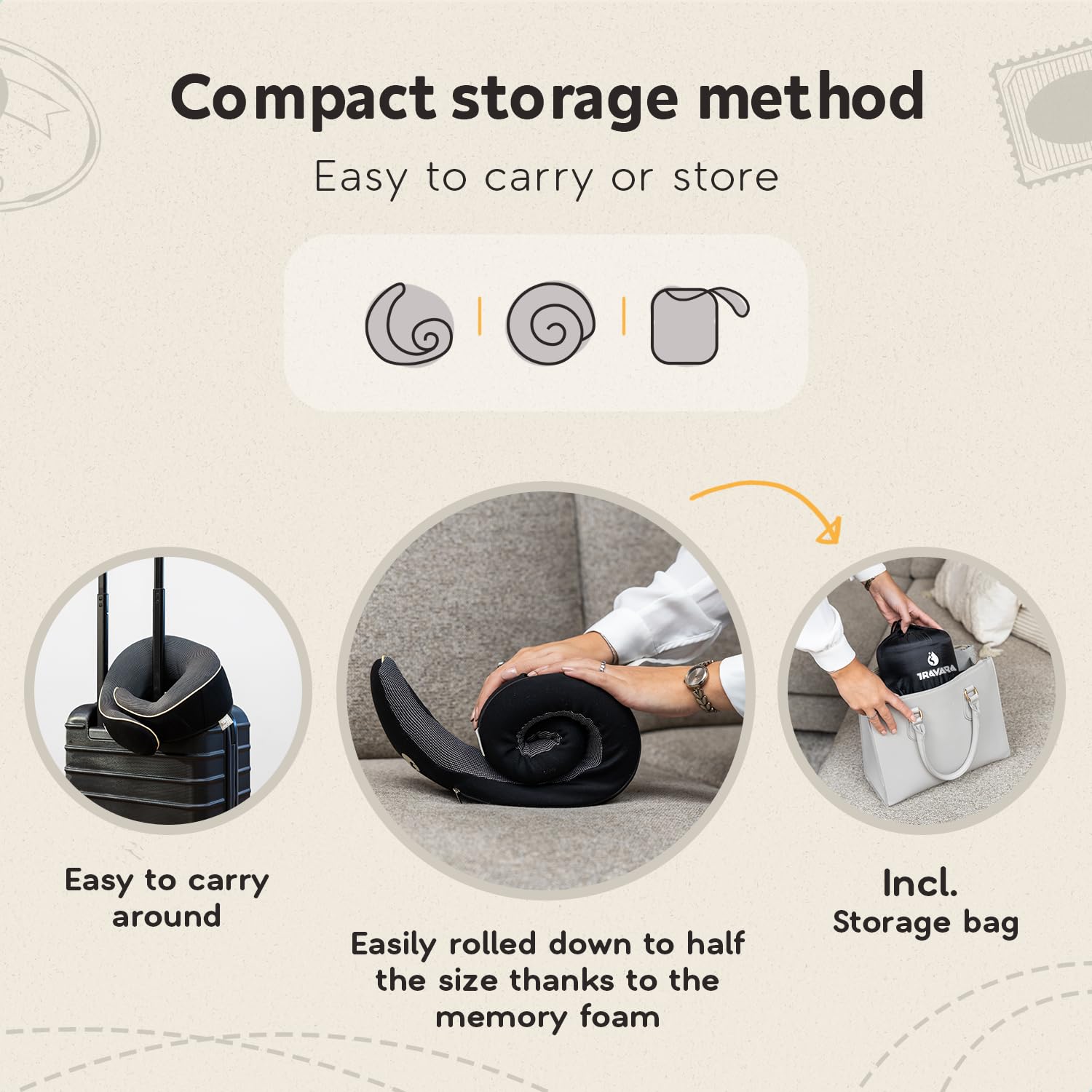 TRAVARA packed pillow beside phone to show small travel size