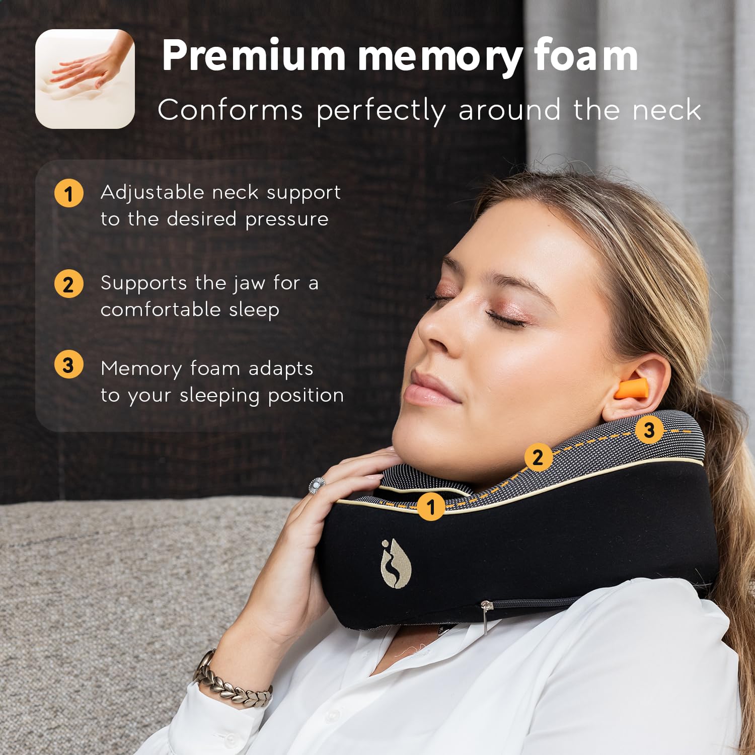 TRAVARA side profile showing 360° neck support for stable sleep