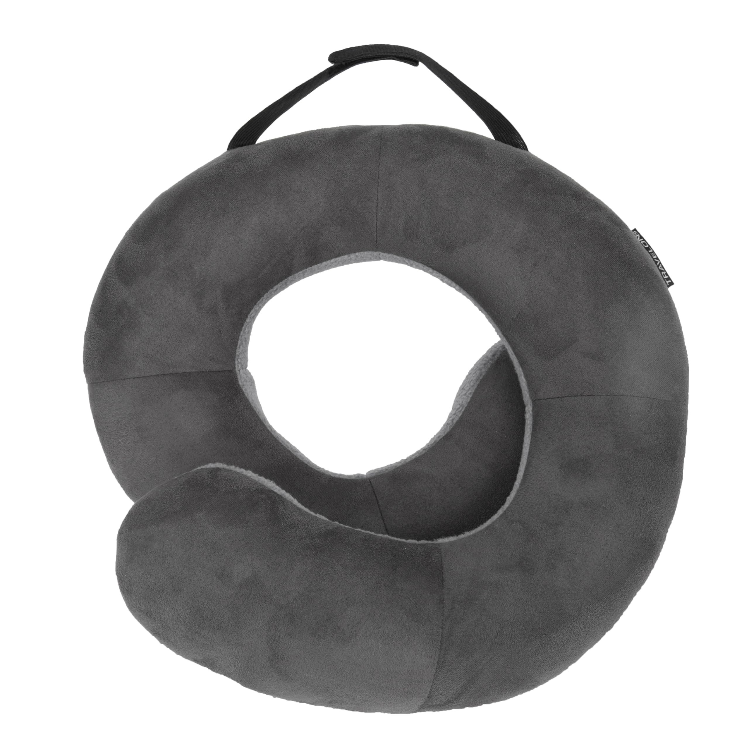 Travelon wrap-n-rest pillow front view showing U-shape and neutral colors for travel convenience